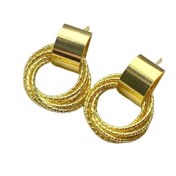 Doorknocker 14k Yellow Gold Plated Earrings, Twisted Circle Hoop Studs- Modern - Picture 1 of 9